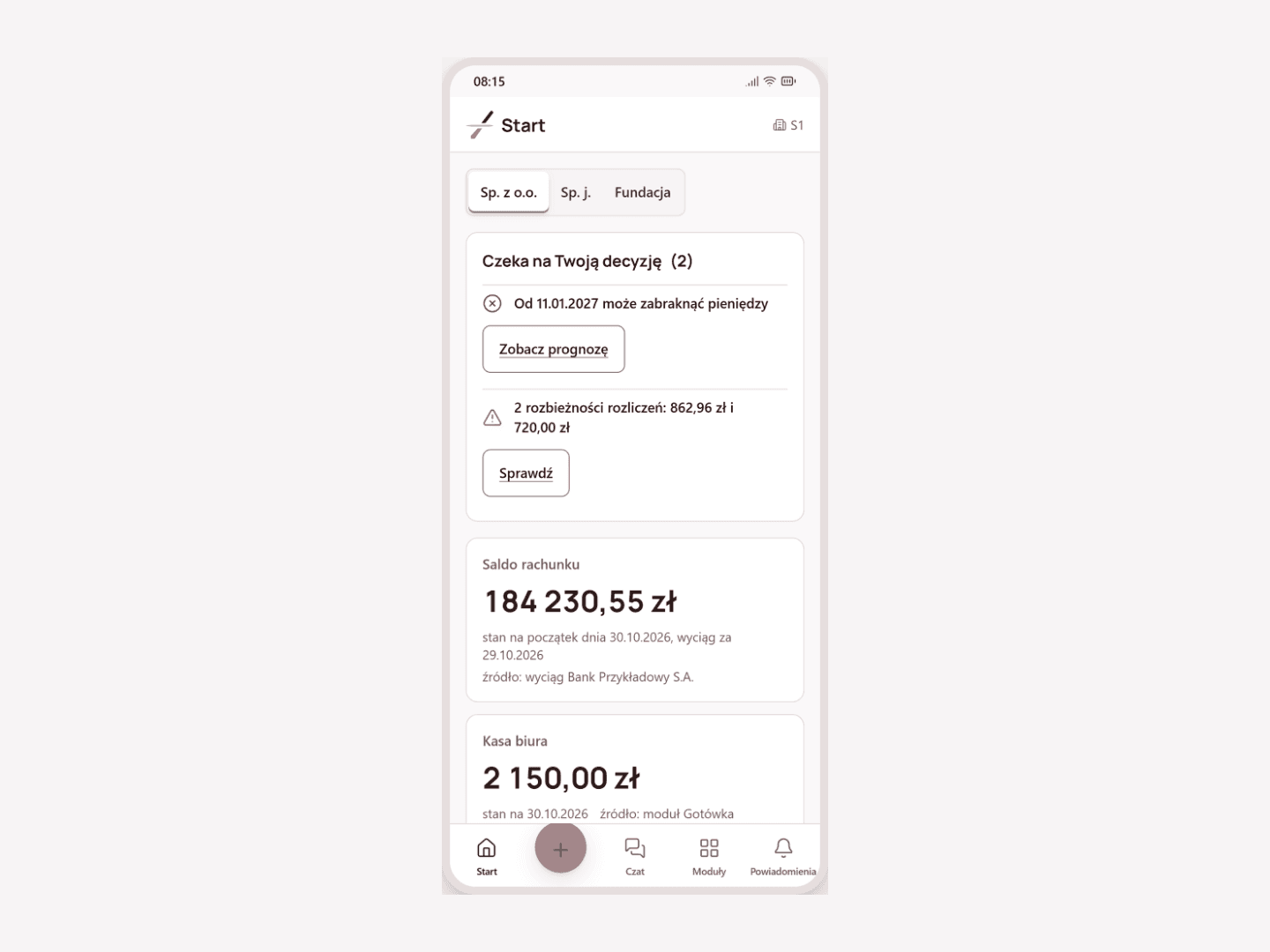 Start screen of the My True Balance phone app for a sample limited company: items awaiting a decision, account balance with the statement date and cash on hand