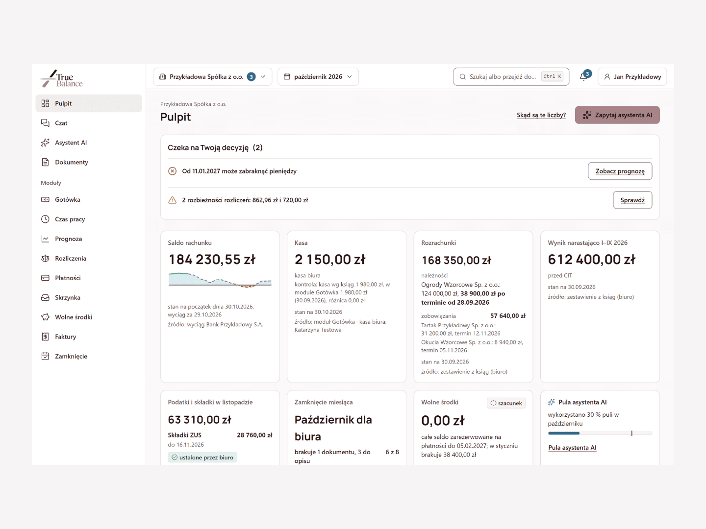 My True Balance dashboard in the browser for a sample limited company: figures from the books with the date they are valid for