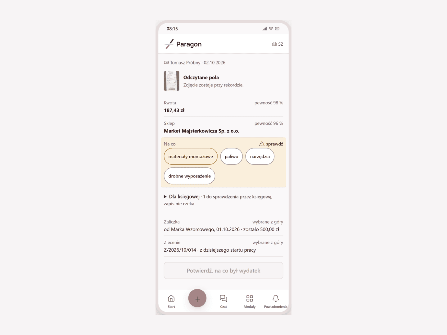 Photo of a receipt in the phone app with the fields read out; the purpose of the expense awaits the employee’s confirmation