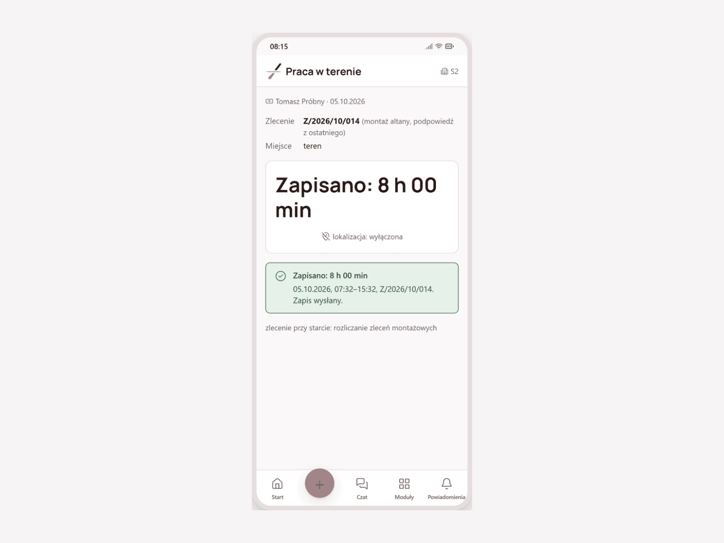 Start and stop screen for field work on the phone: 8 h 00 min recorded, location off