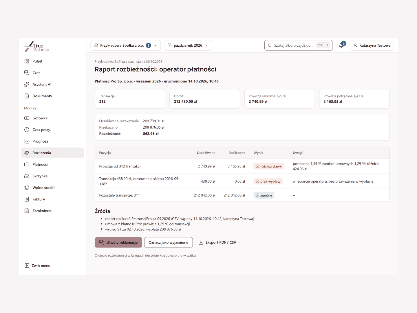 Payment operator settlement discrepancy report, item by item, with a difference of PLN 862.96