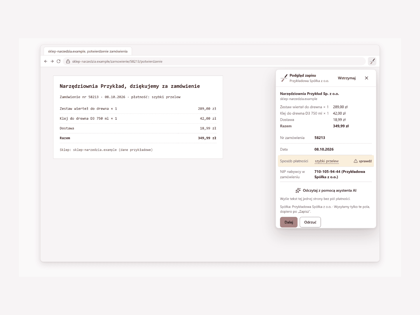 Preview of an order record in the browser extension window on an online shop page