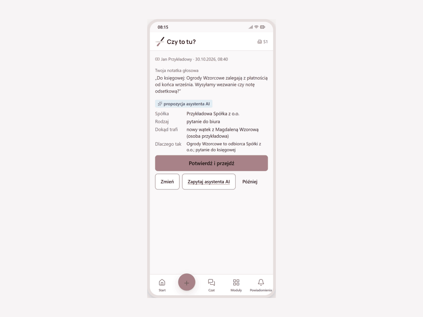Phone app screen: the AI assistant suggests which company and matter a spoken question to the accounting firm concerns, and a person confirms the suggestion