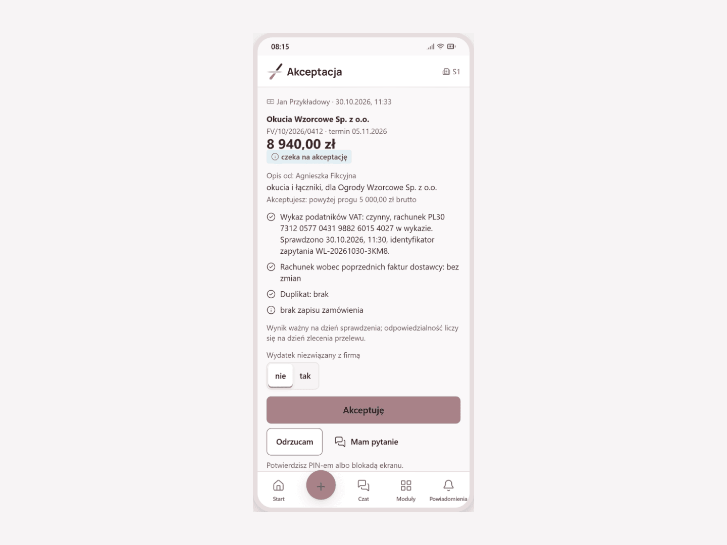 Approval of a cost invoice above the threshold on the company president’s phone